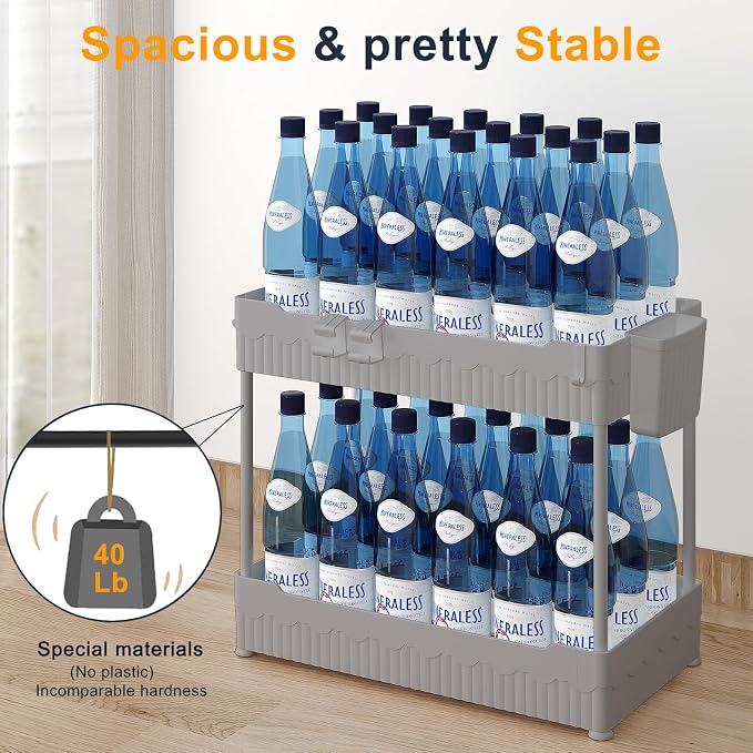 Sevenblue 2-Pack Under Sink Organizer with Hooks & Hanging Cup for Kitchen | Multi-use kitchen & bathroom storage, 12.8 inch grey cabinet organizer, with hooks and hanging cup for easy access.