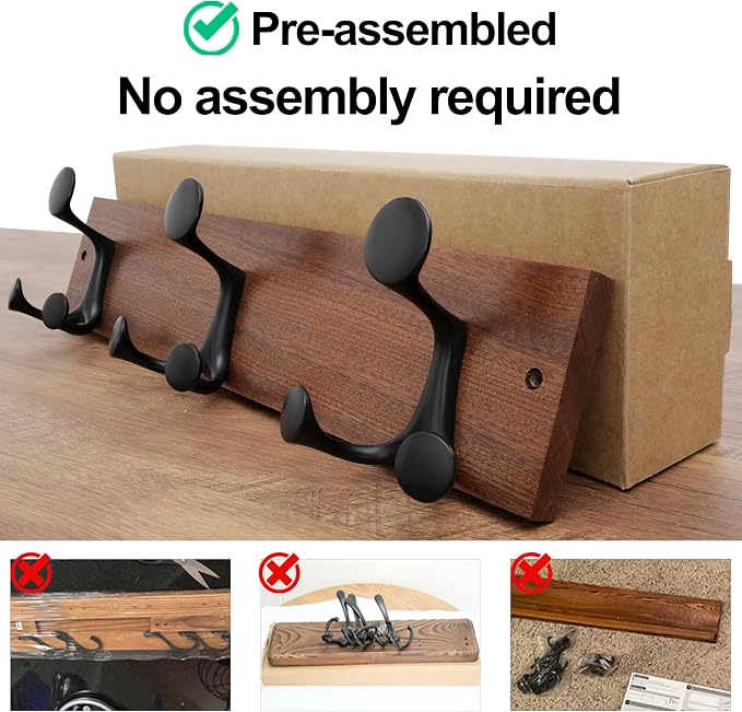 WEBI Coat Rack Wall Mount,17" Solid Wood Coat Hooks Wall Mounted Coat Hanger,16" Hole to Hole,Heavy Duty 3 Triple Hooks for Hanging Coats,Jacket,Hat,Backpack,Farmhouse,Reddish Brown