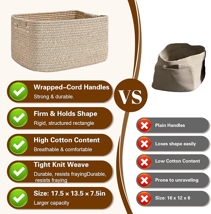 4 Pack Large Storage Basket for Organizing, 17.5"x13"x7" Woven Basket for Shelves, Closet Cube Storage Bins with Wrapped Handle, Cotton Rope Baskets for Kitchen, Clothes, Toys(Natural))