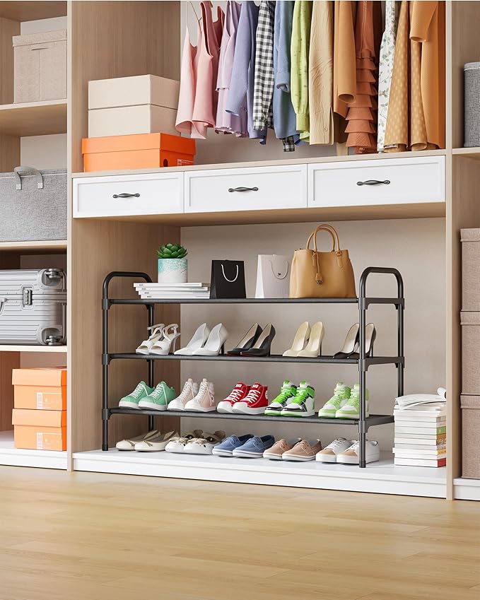 Kitsure Extra-Long Shoe Rack for Closet, 39.0" Wide - 3 Tier, Black | Shoe Organizer for Front Door Entrance, Stackable Shoe Shelf, Closet Organizers and Storage