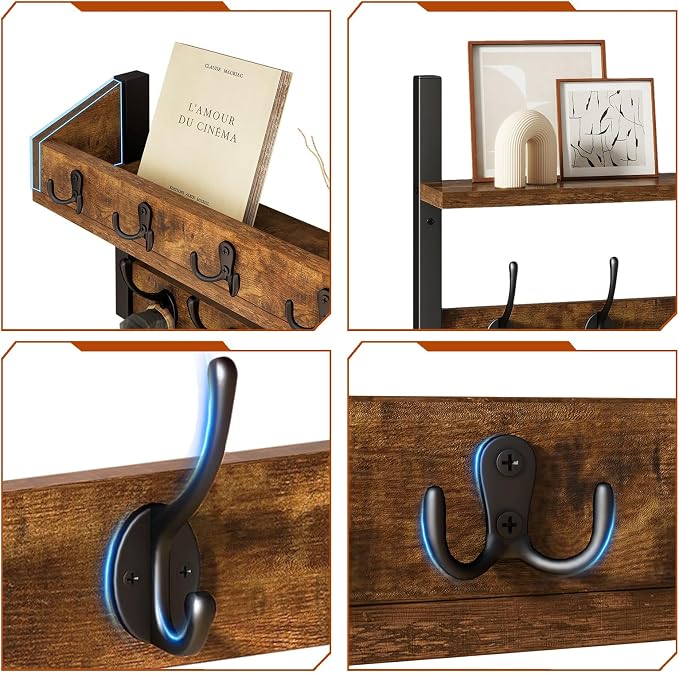 31.5" Coat and Key Rack Wall Mount with Shelf, Rustic Brown, HWS007H-2 | 4-in-1 Coat and Key Hanger with 12 Metal Hooks, Entryway Wall Shelf with Hooks & Mail Holder for Living Room, Bedroom
