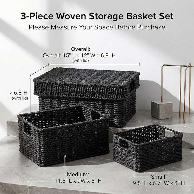 Wicker Storage Basket with Lid for Shelves, 3-Basket Set, Black | One rectangular wicker basket with lid and two open baskets for decorative shelf storage; removable lid flips into a tray.