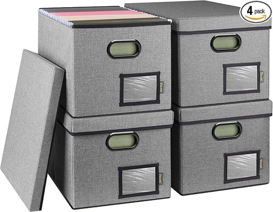 BALEINE File Organizer Box with Lid, Collapsible File Folder Organizer with Plastic Slide, Filing Box for Office Home Document Organizer Storage (Gray, 4PK)