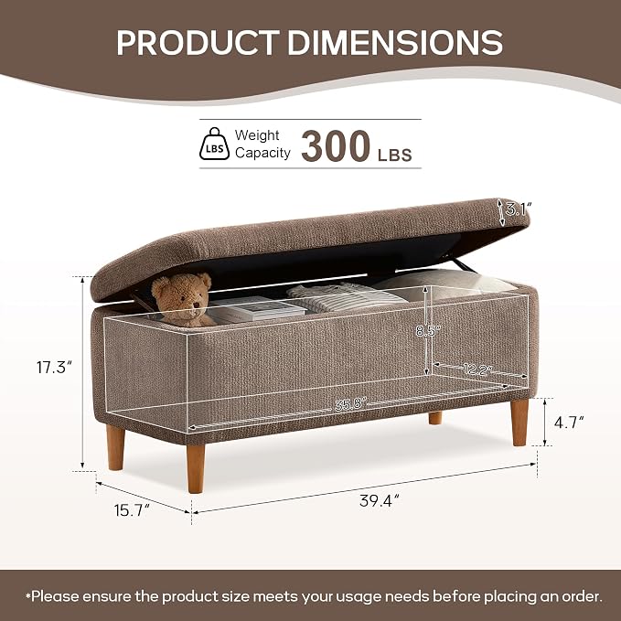 39.4”Ottoman with Storage Set of 2,Upholstered Comfy Storage Bench Ottoman with Wooden Legs,End of Bed Bench Footstool for Hallway Entryway Bedroom Living Room Corner Brown