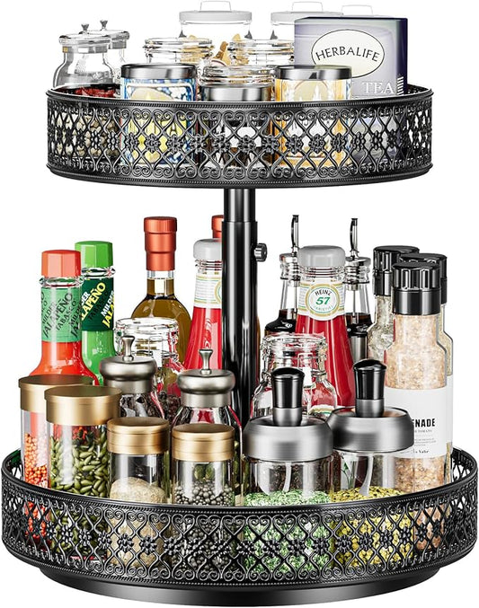 2 Tier Lazy Susan Organizer - Adjustable Rotating Spice Rack 12 inch | Floral Turntable Lazy Susan for Cabinet Pantry Kitchen Countertop Table Top Cupboard Bathroom Vanity Storage Metal Black