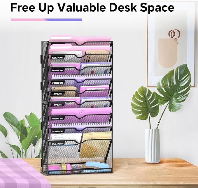 10-Tier Wall File Organizer with Base, Wall Mounted File Holder | Vertical Hanging File Organizer with Open Compartments and Label Holders for Mail, Folders and Paperwork at Home or Work