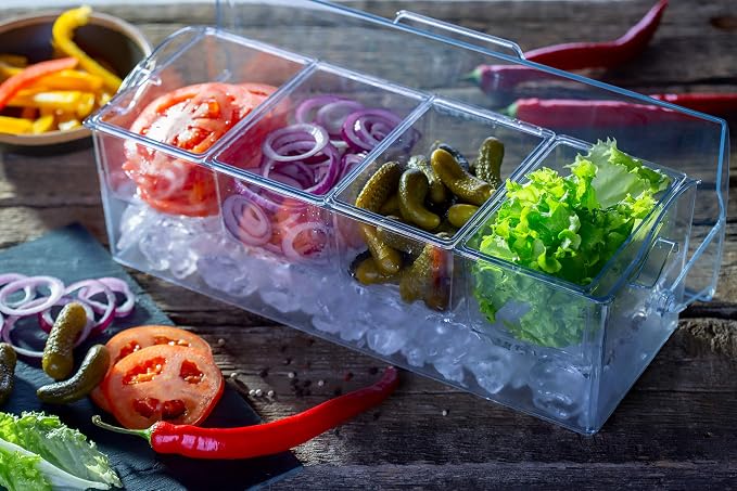 Pikanty Chilled Condiment Server Caddy with Ice Base - 4 Compartments and 4 Serving Tongs Included, Mimosa Bar, Taco Bar, Garnish Tray for Parties, Weddings, BBQs, Dishwasher Safe, Made in USA
