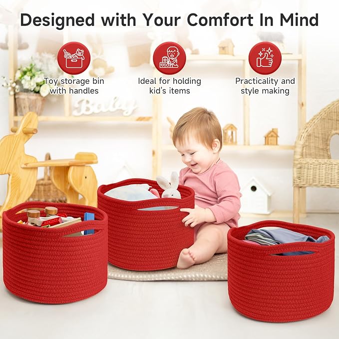 3 Pack Small Rope Storage Baskets, 9.82×9.82×7.1", Red | Cotton Basket for Gifts Empty, Cute Round Woven Basket, Decorative Shelf Basket Organizer, Organizing Basket for Shelves