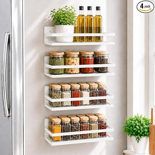 SMRCAD 4 Pack Metal Magnetic Spice Rack for Fridge – Heavy-Duty | Iron Construction, Rust-Resistant, Dust-Resistant, Fits Condiment Bottles, Includes Screws for Optional Wall Mount