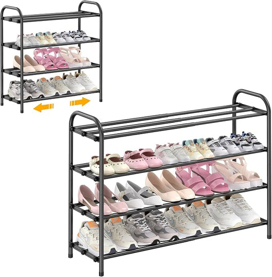 Hleelomi 4-Tier Metal Expandable Shoe Rack for Closet and Entryway, Black | Adjustable Shoe Organizer for Closet,Living Room,Dorm,Garage,Fits Small Spaces, Apartments and Rentals