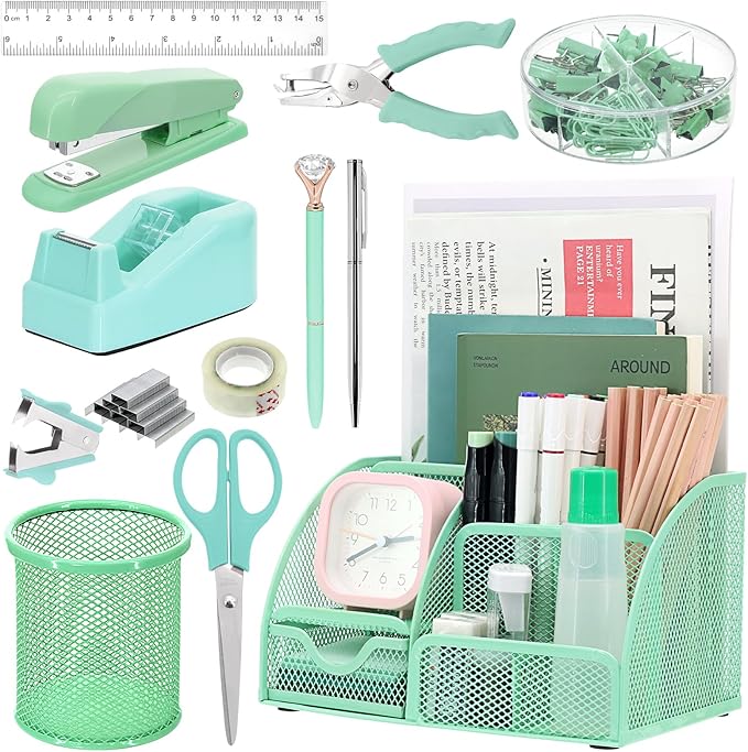 SYMDROMIA 13-in-1 Office Desk Organizer Set with Stapler and Tape Dispenser, Pen Holder, Scissors, Ruler, Hole Punch, 2 Pens & More Desktop Accessories for Back to School Supplies (Green)