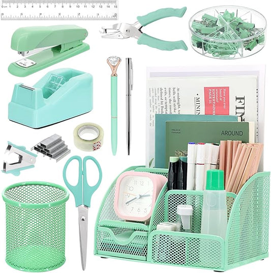 SYMDROMIA 13-in-1 Office Desk Organizer Set with Stapler and Tape Dispenser, Pen Holder, Scissors, Ruler, Hole Punch, 2 Pens & More Desktop Accessories for Back to School Supplies (Green)