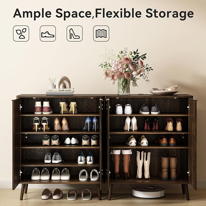 Fluted Shoe Cabinet with Doors, 5-Tier Shoe Storage Cabinet with Adjustable Shelves, Wooden Freestanding Shoe Organizer Shoe Cabinet for Entryway,Hallway,Living Room,Walnut
