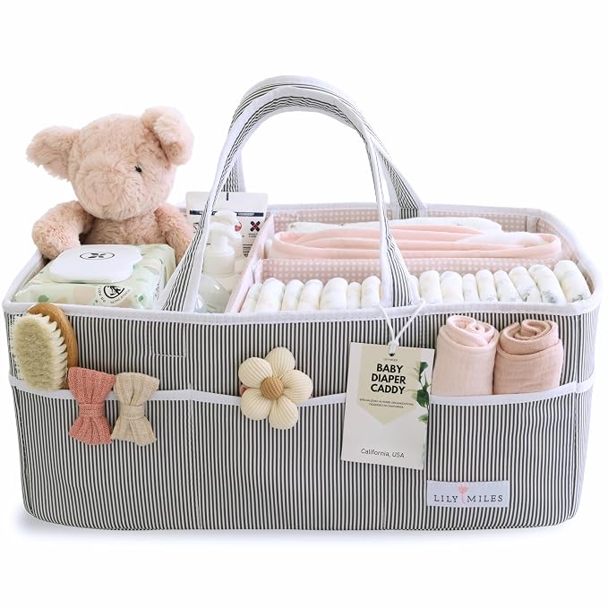 Baby Diaper Caddy - Organizer Tote Bag for Baby Girl Essentials - Baby Shower Basket - Nursery Must Haves - Registry Favorites - Newborn Caddie Car Travel - Gray/Blush, Extra Large