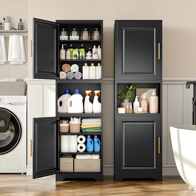 SISESOL 67" Tall Narrow Storage Cabinet with 2 Door and 7 Shelves,Slim Kitchen Pantry Cabinet,Black Metal Bathroom Cabinets,Large Cupboard for Home,Kitchen,Laundry,Bathroom