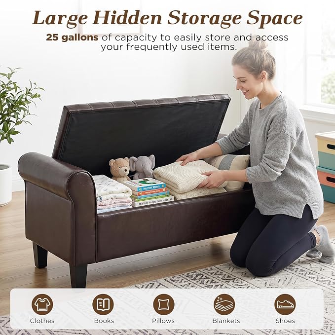 55" Storage Ottoman Bench for Living Room, End of Bed Bench with Rolled Arm Leather Ottoman with Storage Upholstered Entryway Bench Retro Style Footboard Bench for Bedroom, Brown