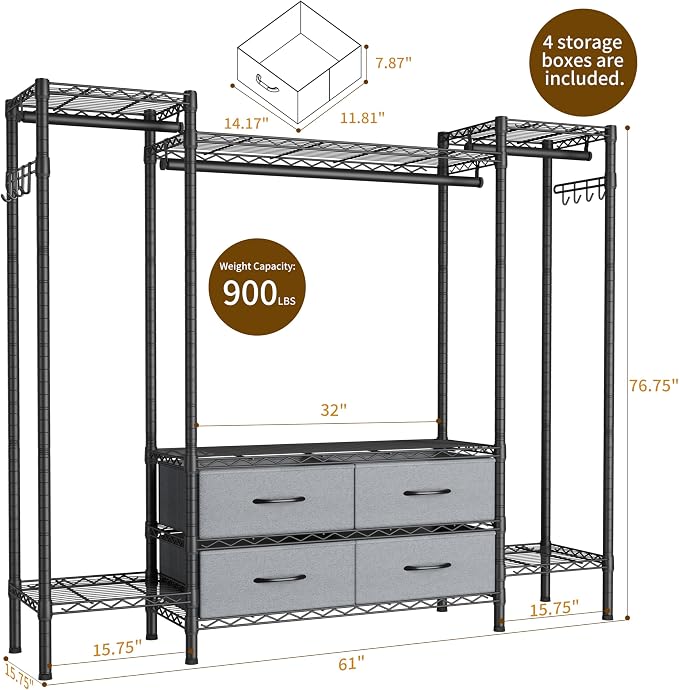 Golpart Heavy Duty Clothes Rack Metal Wardrobe with Adjustable Wire Shelves | Closet Organizers and Storage Clothing Rack Metal System Freestanding Hanging Clothes System Free Standing Garment Coat Racks