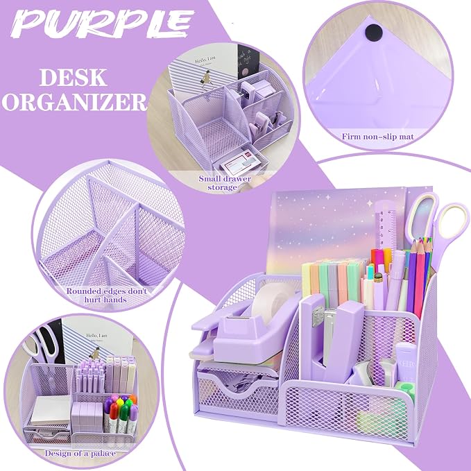 Purple Desk Accessories, 17Pcs Purple Office Supplies Set with Stapler, Mesh Desk Organizer, Tape Dispenser, Staple Remover, Pen Holder, Clips, Pens, Ruler, for Office Home School Women Students Gift