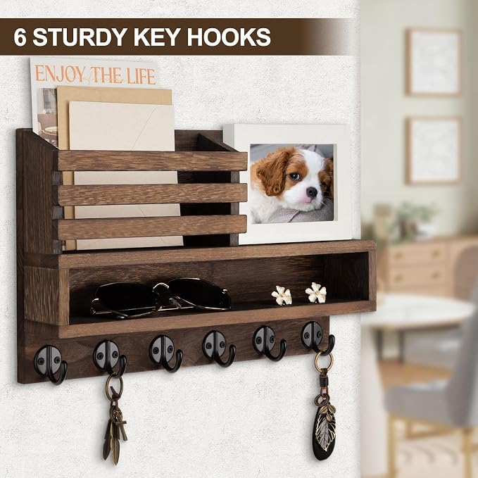 Key and Mail Holder Wall Mount, Key Hanger with Long Storage Box and Key Hooks for Coat, Dog Leash, Home Decor Rack, House Accessories, Entry Way Organizer