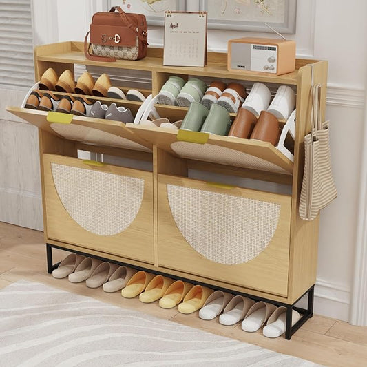 KIGOTY Narrow Shoe Storage Cabinet, Shoe Cabinet with 4 Flip Drawers, Freestanding Shoe Organizer with Legs for Entryway, Slim Shoe Rack Cabinet for Enterway (Rattan Oak, 4 Flip Drawer)