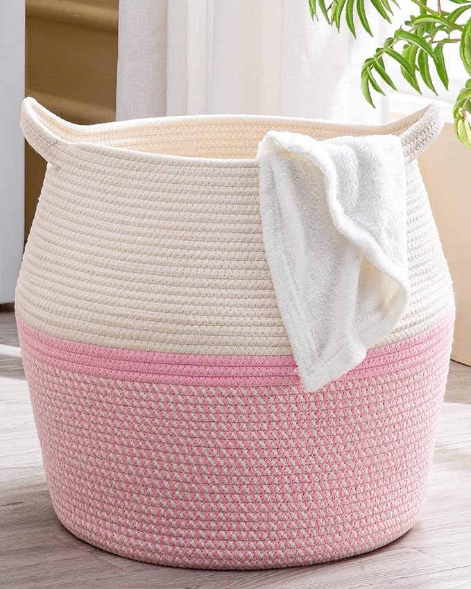 KAKAMAY Woven Baskets for Storage(17"x17"),Large Cotton Rope Woven Baby Laundry Hamper,Collapsible Laundry Basket, Blanket Basket for Organizing Living Room,Nursery,Pillows,Toy Chest(Pink)