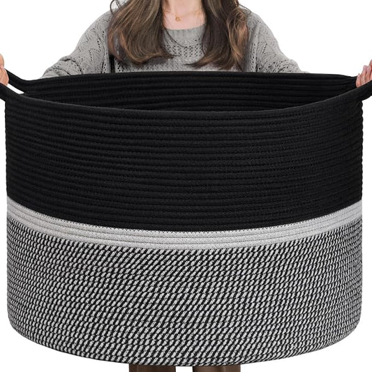 CHICVITA Extra Large Woven Rope Blanket Basket with Handles, Black | Laundry basket for towels, clothes, toys, pillows. For living room, family room, 22x22x14 inches