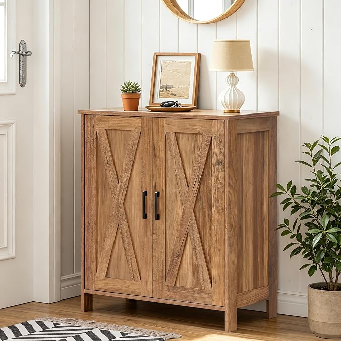 Homleke Farmhouse Shoe Cabinet with 2 Barn Doors & Wood Legs | Tall 4-Tier Shoe Storage Cabinet, 3 Adjustable Shelves, Shoe Rack Organizer, for Entryway, Hallway, Closet, Rustic Walnut
