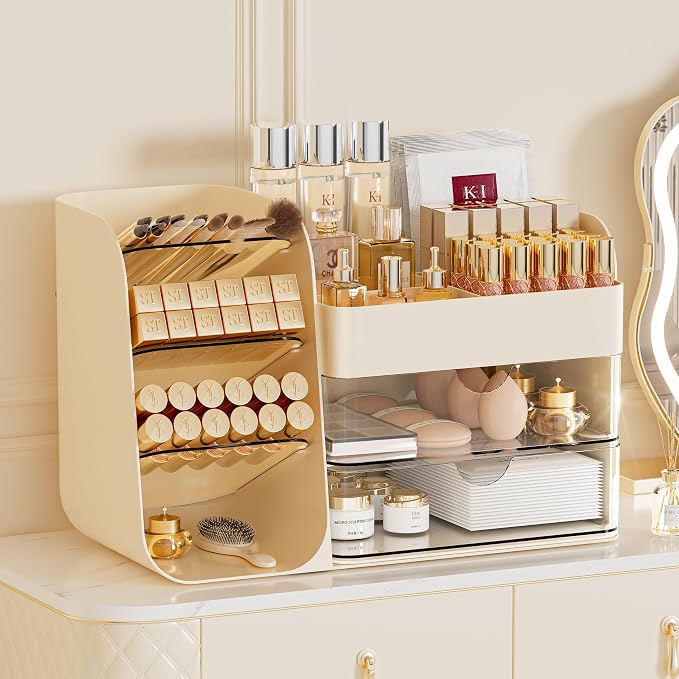 Makeup Organizer Countertop with 2 Drawers, Large Capacity Make Up Organizers for Vanity, Bathroom Organizers and Storage, Cosmetics Organizer Easy To Storage Brushes Eyeshadow Lipstick, Cream