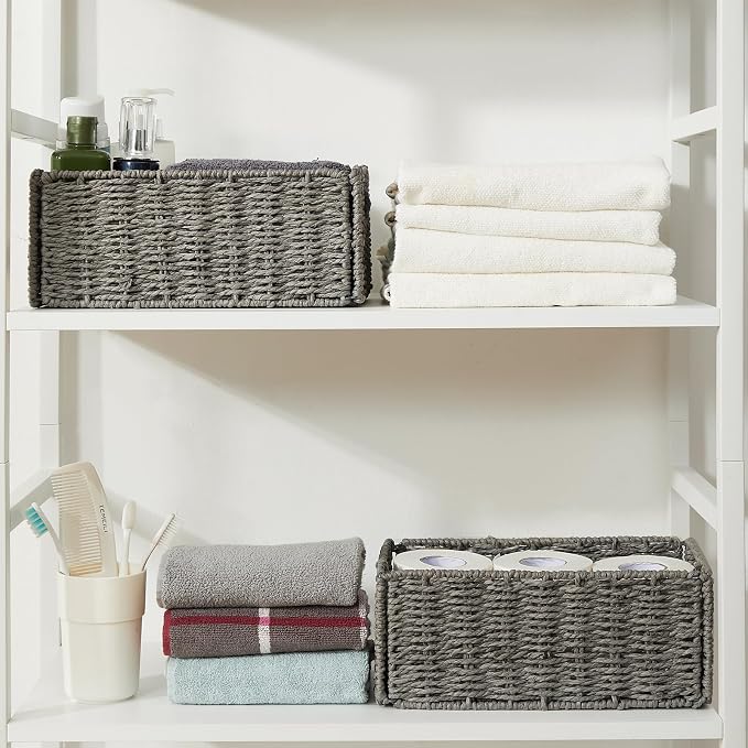 Vagusicc Wicker Storage Basket, Set of 2 Hand-Woven Paper Rope Wicker Basket, Small Storage Baskets for Organizing Toilet Paper Basket, Foldable Large Cube Storage Organizer Bins for Shelves (Grey)