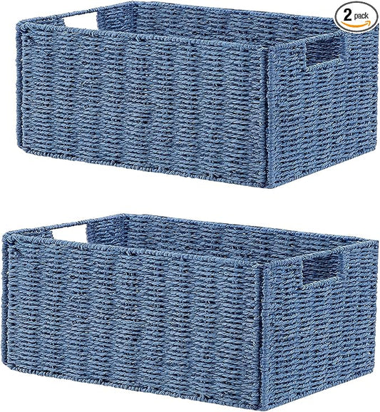 Vagusicc Wicker Storage Basket, Set of 2 Hand-Woven Paper Rope Wicker Basket, Small Storage Baskets for Organizing Toilet Paper, Foldable Large Cube Storage Organizer Bins for Shelves (Blue)