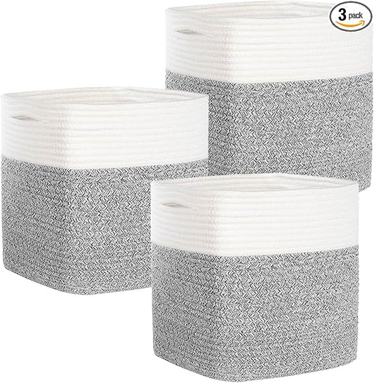 COMFY-HOMI 3PACK Cotton Rope Square Basket with Handles for Shelves|Dog Toy Bin and Storage|Baby Gift|Shoe Organizer|New 11" x 11" x 11" for Living Room