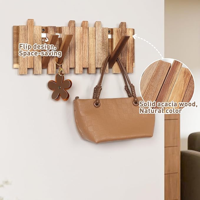 Wall Coat Rack for Entryway: Folding Wood Rustic 8 Hooks | 16.5inch Piano Hanger for Small Space Bathroom Hallway for Towel Backpack Jacket - Farmhouse Design Decor (Staggered Style)