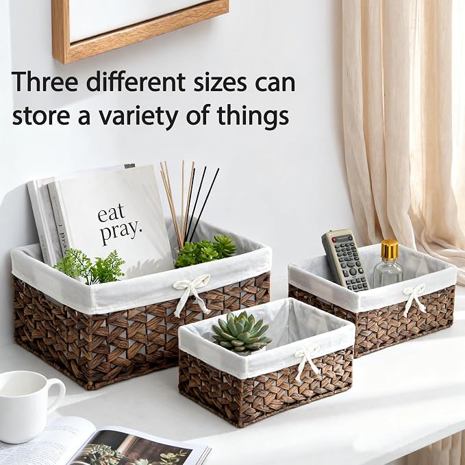 Water Hyacinth Storage Baskets Set of 3 with Metal Frame & Removable Liner, Large Medium Small Rectangular Woven Organizer Bins for Closet, Bedroom, Bathroom, Kitchen, Home Organization