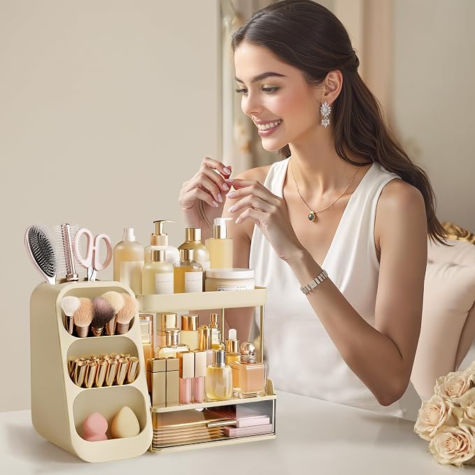 HBlife Bathroom Organizers and Storage with Brush Holder for Vanity, 3 Tier Plastic Makeup Organizer for Dresser Counter, Skincare, Lipstick, Perfume, and Cosmetic Storage, Beige
