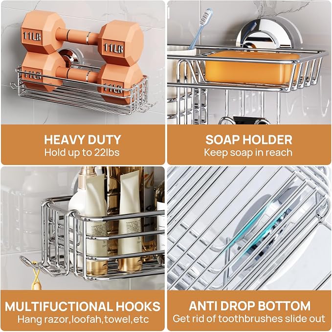LEVERLOC Shower Caddy Suction Cup, 3 Pack Heavy Duty Bathroom Organizer | Silver Soap Holder, Removable Bathroom Organizer With Hook, Rustproof Shower Storage