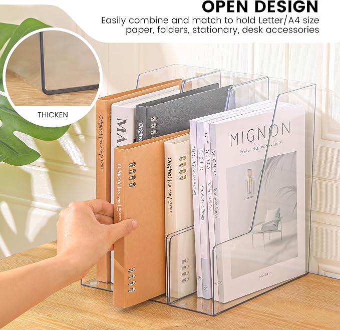 CiWiVOKi Vertical File Holder, Clear PET Desk Organizer and Storage Bins Holding for Magazines, Binders, Notebooks, Envelopes, Multi-purpose Plastic Document Organizer for Home Office, 4 pack