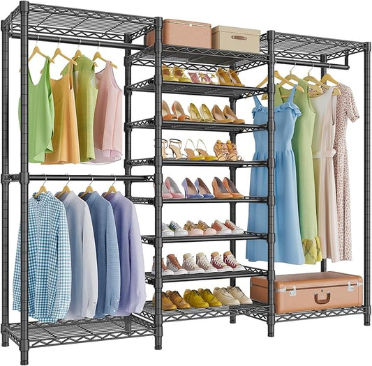 VIPEK S3 Heavy Duty Garment Rack with 8-Tier Shoe Rack, Black | Freestanding Clothes Rack with 3 Hanging Rods, Adjustable Shelves, Large Walk-In Closet Storage Organizer for Bedroom