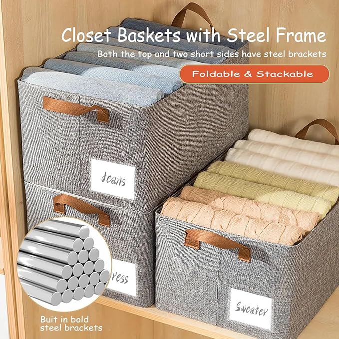 AARAINBOW Linen Closet Organizer Storage Bin with Steel Frame, Stackable Fabric Jeans Baskets for Shelves, 4 Packs Foldable Wardrobe Clothes Box for Sweater Pants Towel Shirt Storage, 23L Gray