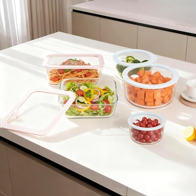 Glass Food Container Set with Glass Lid, 5 Pack, Meal Prep Containers with Silicone Framed Airtight Lid, Leakproof, 100% Plastic Free