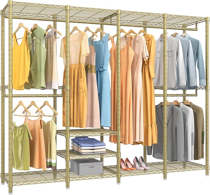 VIPEK V40 Heavy Duty Clothes Rack, Modular Closet System Clothing Rack | 76 inch Adjustable Open Clothing Storage System with 6 Shelves & 4 Hang Rods for Bedroom/Reach-in Closet, Gold