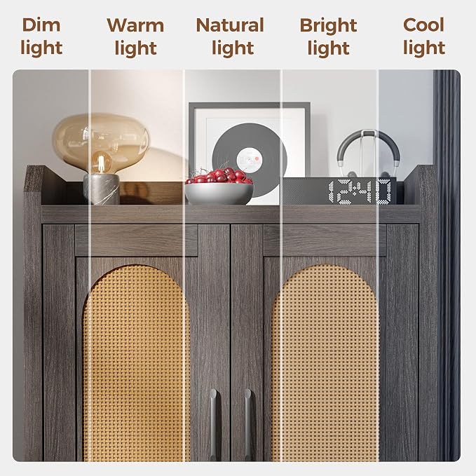 Shoe Cabinet Storage for Entryway, Natural Rattan Shoes Cupboard, Wooden Shoe Rack with Doors and Shelves, Farmhouse Boho Wood Shoe Organizer Cabinet for Hallway Black