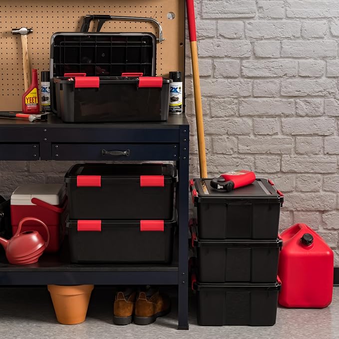IRIS USA 6-Pack 31 Qt Storage Bins with Gasket Lids, Black/Red | WeatherPro seal protects everyday essentials in closets, offices and laundry rooms