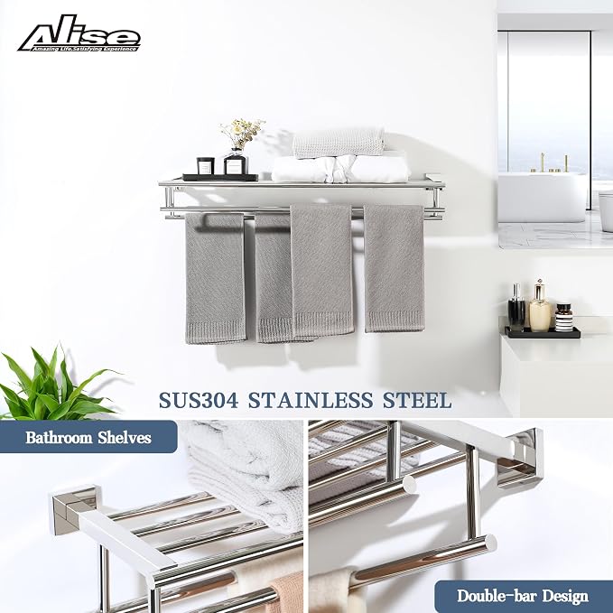 Alise 28 Inch Double Towel Rack for Bathroom Wall Mounted,Polished Chrome | Bathroom Tower Holder Towel Shelf with Double Towel Bars,SUS304 Stainless Steel Towel Rack with Shelf