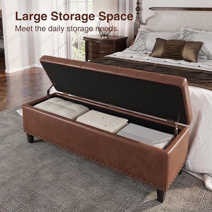 FiveWillowise 51 Inch Storage Ottoman Bench,Large End of Bed Storage Bench | Faux Leather Ottoman with Storage,30 Gallons,Upholstered,with Nailhead Trim,Legs,for Bedroom,Living Room,Entryway,Brown