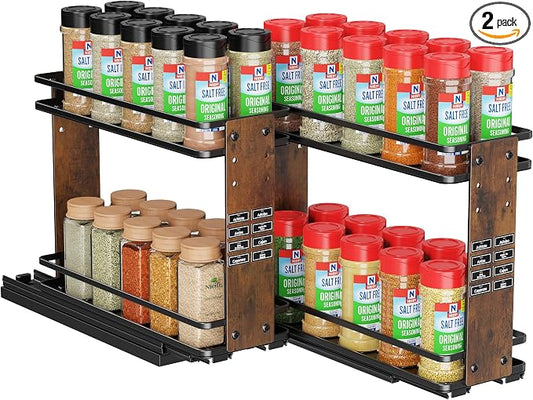 Nieifi Pull Out Spice Rack Organizer, 2 Tiers, Wood Grain | Spice Organization for Cabinet, Height Adjustable, Easy to Install