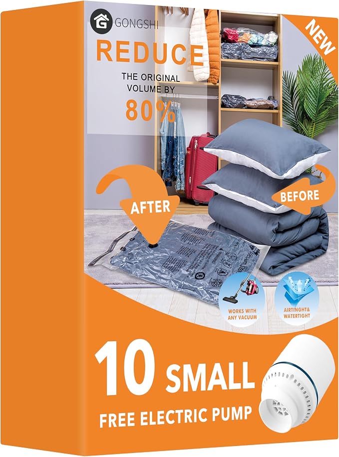 GONGSHI Vacuum Seal Bags for Clothing Travel & Home Storage, Travel Vacuum Bags with Electric Pump,Space Saver for Blankets, Comforters, Pillows, Clothes,10 Small
