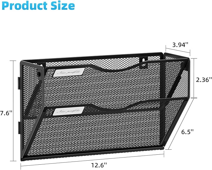 Marbrasse Wall File Holder 2-Tier Hanging Wall File Organizer, Mesh Mail Holder for Papers, Wall Mount File Clipboard & Magazine Organizer Great for Office Home (Black)