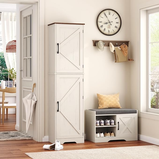 Function Home Farmhouse Kitchen Pantry Cabinet, 64" Tall Slim Bathroom Storage Cabinet, 5 Tier Wooden Floor Cabinets with Barn Doors and Adjustable Shelves for Dining Room Living Room, Antique White