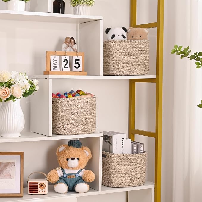 3 Pack Cube Storage Bin, 9”x9”x7” Cotton Rope Woven Baskets for Organizing Toys Clothes Towels, Square Gift Storage Baskets for Shelves, Nursery, Closet, Bathroom, Pantry (Jute)