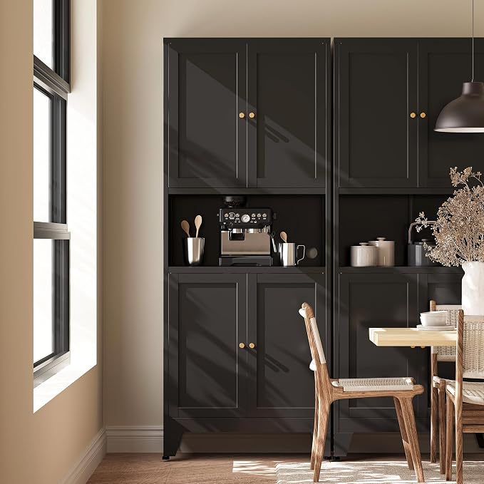 69" H Kitchen Pantry Cabinet with Countertop,Kitchen Hutch Cabinet with Storage,Black Metal Storage Cabinet,Microwave Cabinet,